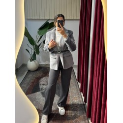 Kemerli Gri Peluş Ceket