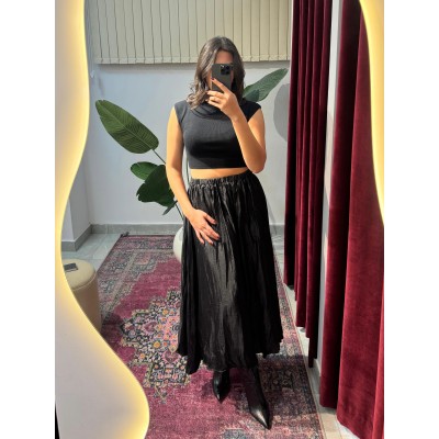 Kırışık Saten Etek (Siyah)